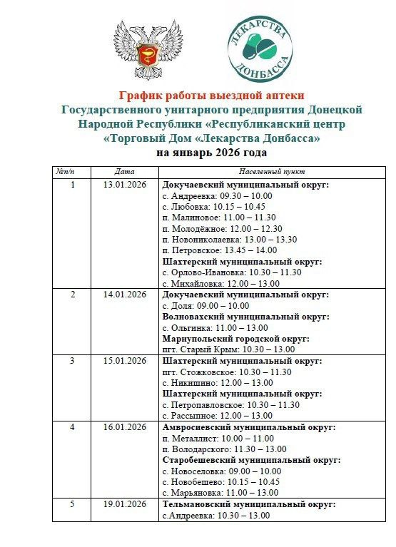 Минздравом на январь утвержден график выезда автоаптеки в населенные пункты городских округов Мариуполь, Макеевка, Дебальцево, а также в Амвросиевский, Волновахский, Докучаевский, Новоазовский, Старобешевский, Тельмановский...