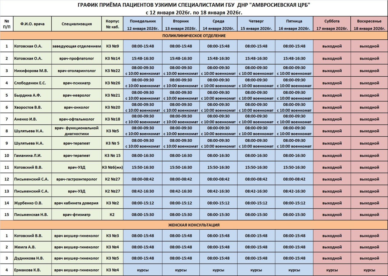 Игорь Лызов: График приема врачей поликлинического отделения ГБУ ДНР "Амвросиевская ЦРБ"