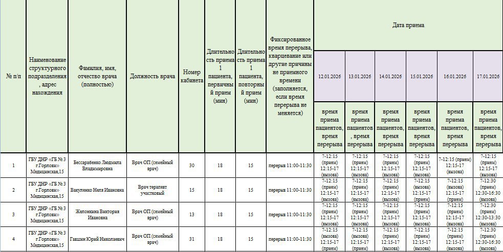 Иван Приходько: График работы специалистов ГБУ ДНР «Городская больница № 3 г. Горловки»
