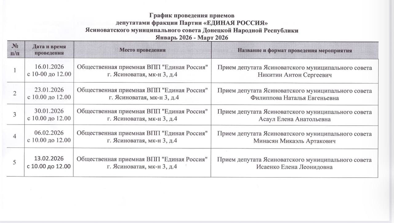 График приема граждан депутатами Ясиноватского муниципального совета в Общественной приемной на Январь 2026 - Март 2026