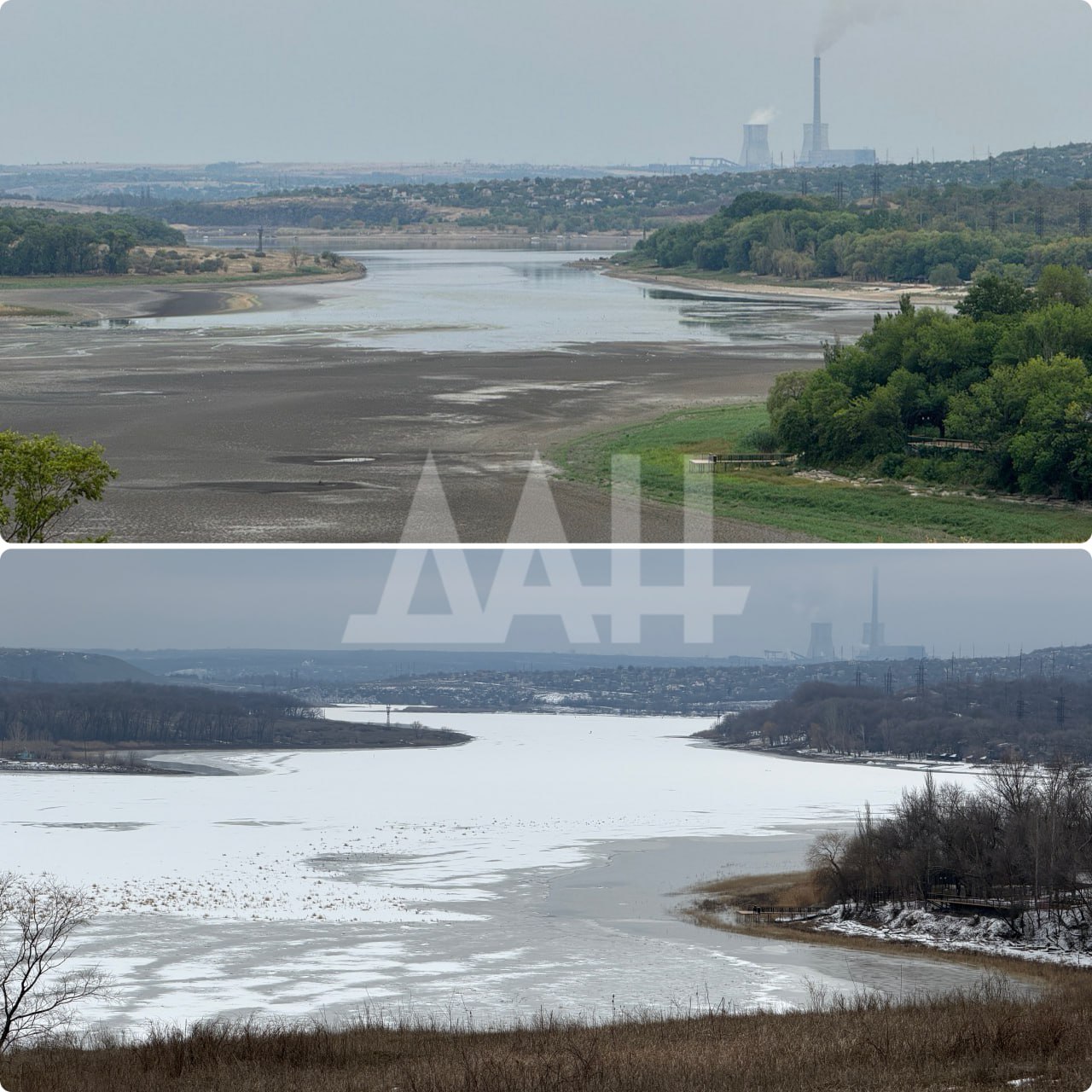 Донецкое агентство новостей публикует фото Ханженковского водохранилища в июле 2025 года и сейчас