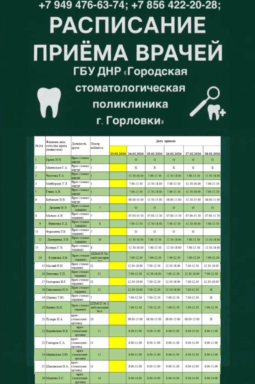 Иван Приходько: График работы специалистов ГБУ ДНР «ГДСП г.Горловки», ГБУ ДНР «Городской наркологический диспансер г. Горловки», ГБУ ДНР «ГПБ г. Горловки», ГБУ ДНР «ГПТД г.Горловки», ГБУ ДНР «ГДВД г.Горловки», ГБУ ДНР «ГСП... Иван Приходько: График работы специалистов ГБУ ДНР «ГДСП г.Горловки», ГБУ ДНР «Городской наркологический диспансер г. Горловки», ГБУ ДНР «ГПБ г. Горловки», ГБУ ДНР «ГПТД г.Горловки», ГБУ ДНР «ГДВД г.Горловки», ГБУ ДНР «ГСП...