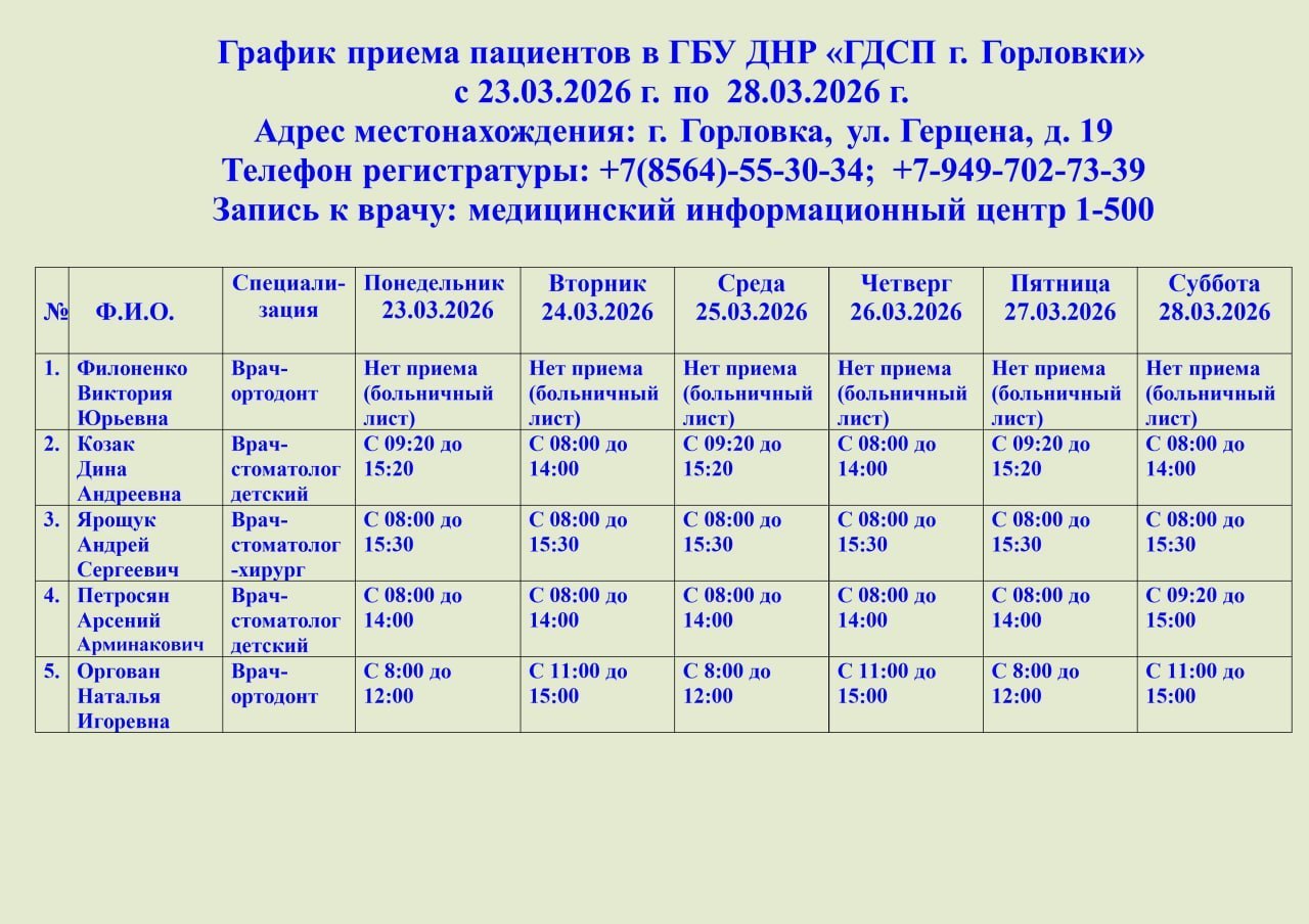 Иван Приходько: График работы специалистов ГБУ ДНР «ГДСП г.Горловки», ГБУ ДНР «Городской наркологический диспансер г. Горловки», ГБУ ДНР «ГПБ г. Горловки», ГБУ ДНР «ГПТД г.Горловки», ГБУ ДНР «ГДВД г.Горловки», ГБУ ДНР «ГСП...