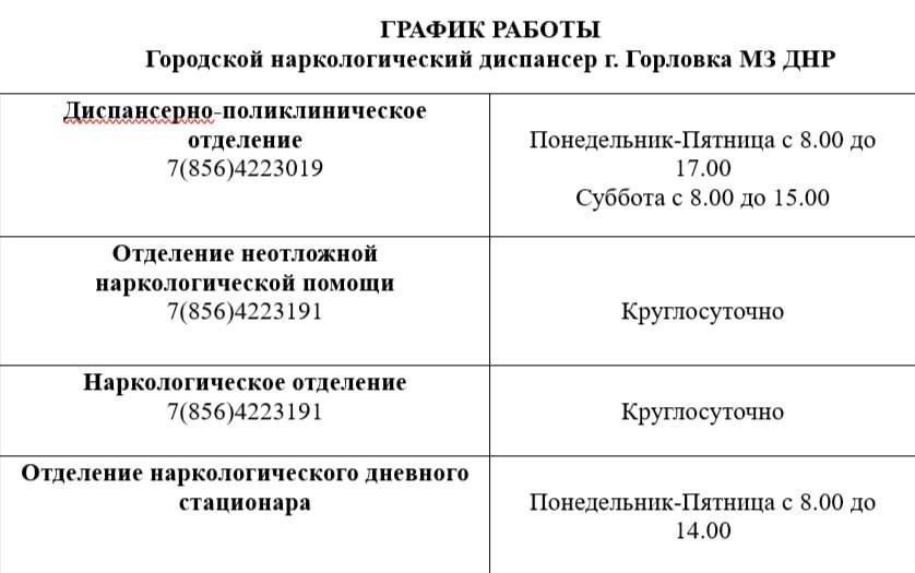 Иван Приходько: График работы специалистов ГБУ ДНР «ГДСП г.Горловки», ГБУ ДНР «Городской наркологический диспансер г. Горловки», ГБУ ДНР «ГПБ г. Горловки», ГБУ ДНР «ГПТД г.Горловки», ГБУ ДНР «ГДВД г.Горловки», ГБУ ДНР «ГСП... Иван Приходько: График работы специалистов ГБУ ДНР «ГДСП г.Горловки», ГБУ ДНР «Городской наркологический диспансер г. Горловки», ГБУ ДНР «ГПБ г. Горловки», ГБУ ДНР «ГПТД г.Горловки», ГБУ ДНР «ГДВД г.Горловки», ГБУ ДНР «ГСП...