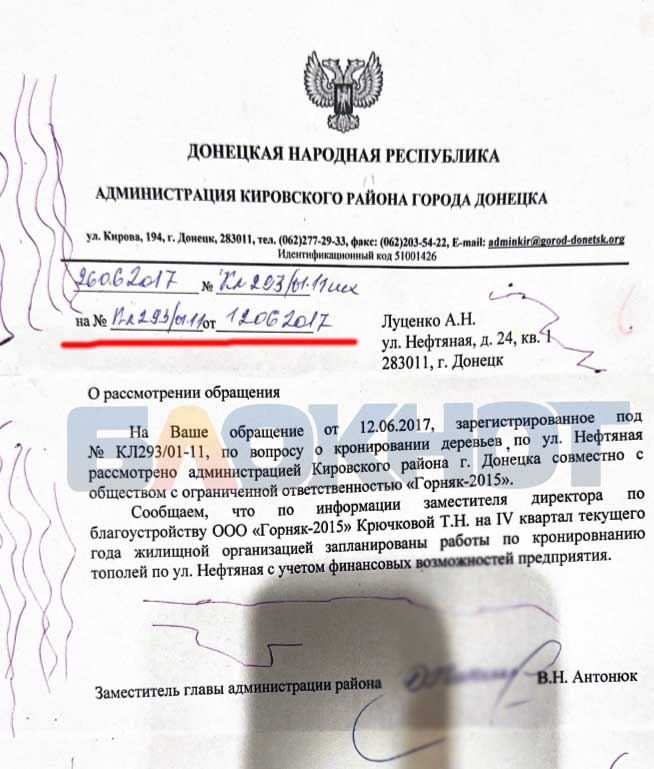 В Кировском районе Донецка управа и УК не могут обрезать аварийные деревья с 2017 года В Кировском районе Донецка управа и УК не могут обрезать аварийные деревья с 2017 года