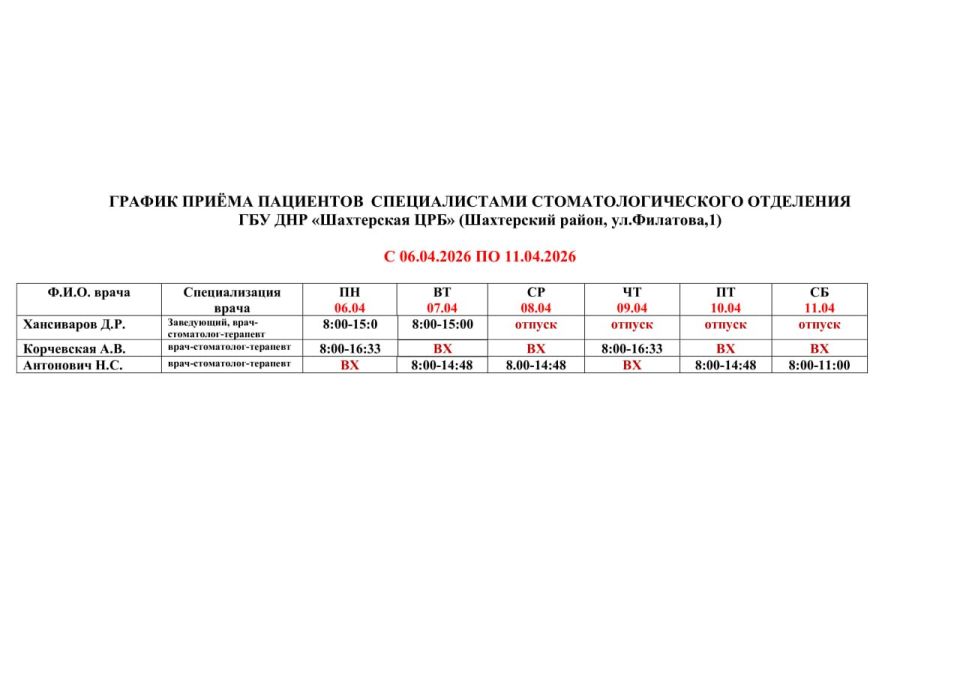ГРАФИК ПРИЁМА ВРАЧАМИ С 06.04.2026 ПО 11.04.2026