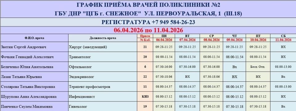 График работы врачей ГБУ ДНР «ЦГБ г. Снежное» График работы врачей ГБУ ДНР «ЦГБ г. Снежное»