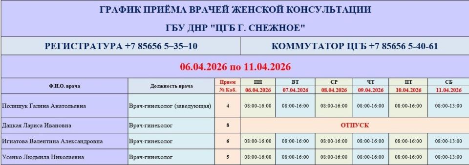График работы врачей ГБУ ДНР «ЦГБ г. Снежное» График работы врачей ГБУ ДНР «ЦГБ г. Снежное»