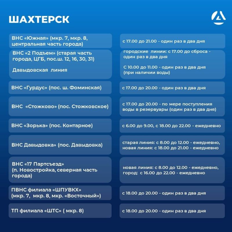Александр Шатов: Уважаемые шахтерцы!. С 06.04.2026 меняется график подачи воды в Шахтерске Александр Шатов: Уважаемые шахтерцы!. С 06.04.2026 меняется график подачи воды в Шахтерске