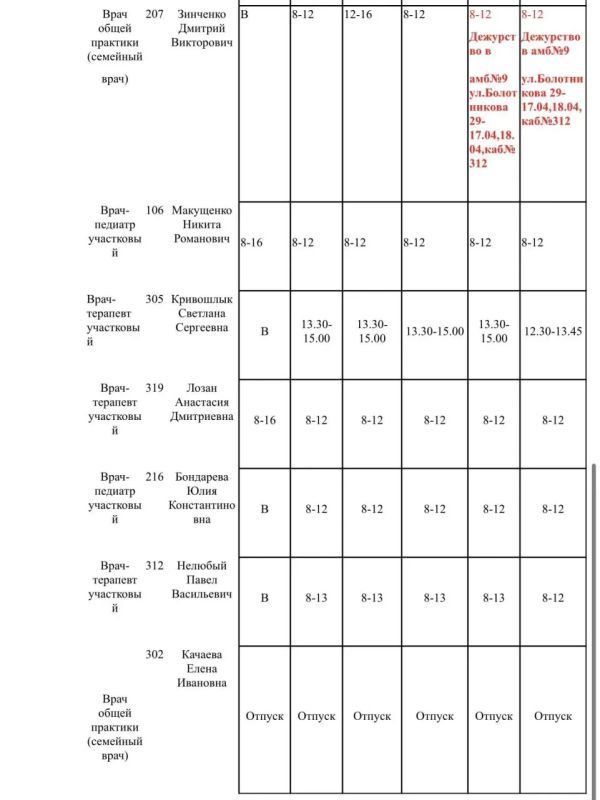 Иван Приходько: График работы специалистов ГБУ ДНР «Городская больница № 1 г. Горловки», ГБУ ДНР «Городская больница № 2 г. Горловки» Иван Приходько: График работы специалистов ГБУ ДНР «Городская больница № 1 г. Горловки», ГБУ ДНР «Городская больница № 2 г. Горловки»
