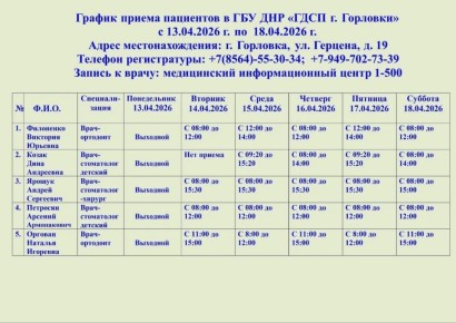 Иван Приходько: График работы специалистов ГБУ ДНР «ГДСП г.Горловки», ГБУ ДНР «Городской наркологический диспансер г. Горловки», ГБУ ДНР «ГПБ г. Горловки», ГБУ ДНР «ГПТД г.Горловки», ГБУ ДНР «ГДВД г.Горловки», ГБУ ДНР «ГСП...