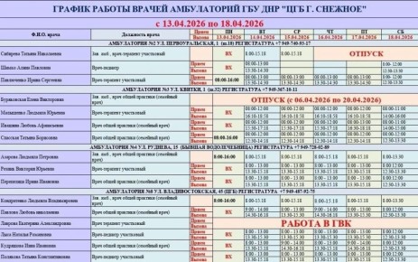 График работы врачей ГБУ ДНР «ЦГБ г. Снежное»