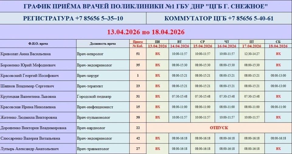 График работы врачей ГБУ ДНР «ЦГБ г. Снежное» График работы врачей ГБУ ДНР «ЦГБ г. Снежное»