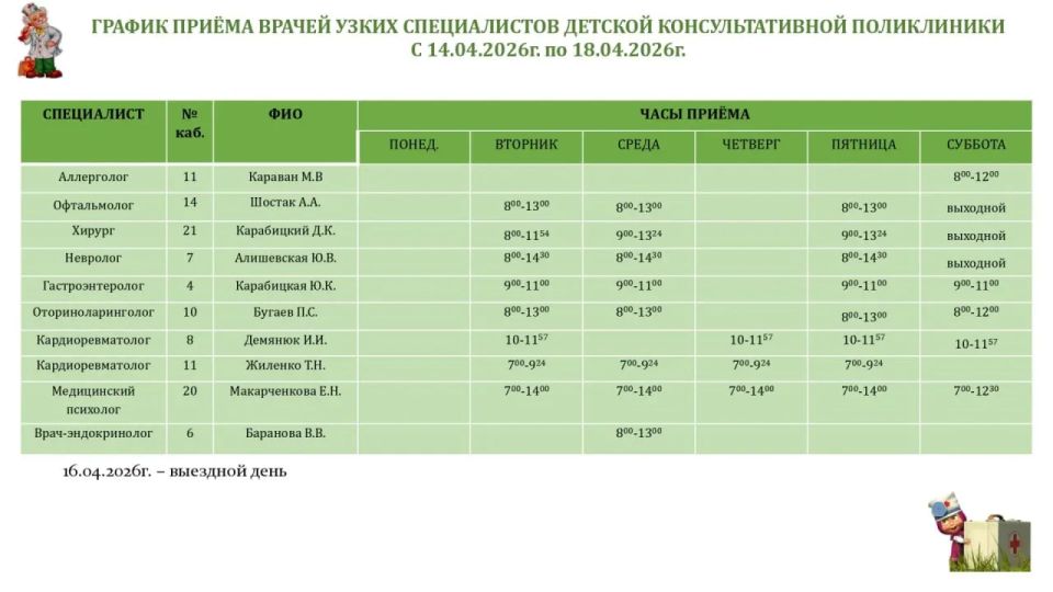 Иван Приходько: График работы специалистов ГБУ ДНР «ГДСП г.Горловки», ГБУ ДНР «Городской наркологический диспансер г. Горловки», ГБУ ДНР «ГПБ г. Горловки», ГБУ ДНР «ГПТД г.Горловки», ГБУ ДНР «ГДВД г.Горловки», ГБУ ДНР «ГСП... Иван Приходько: График работы специалистов ГБУ ДНР «ГДСП г.Горловки», ГБУ ДНР «Городской наркологический диспансер г. Горловки», ГБУ ДНР «ГПБ г. Горловки», ГБУ ДНР «ГПТД г.Горловки», ГБУ ДНР «ГДВД г.Горловки», ГБУ ДНР «ГСП...