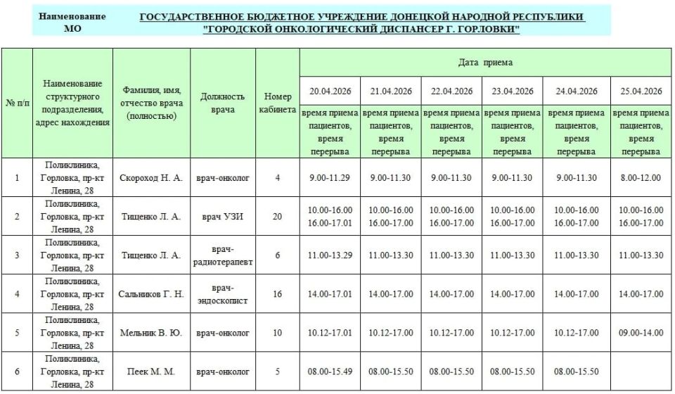 Иван Приходько: График работы специалистов ГБУ ДНР «ГДСП г.Горловки», ГБУ ДНР «Городской наркологический диспансер г. Горловки», ГБУ ДНР «ГПБ г. Горловки», ГБУ ДНР «ГПТД г.Горловки», ГБУ ДНР «ГДВД г.Горловки», ГБУ ДНР «ГСП... Иван Приходько: График работы специалистов ГБУ ДНР «ГДСП г.Горловки», ГБУ ДНР «Городской наркологический диспансер г. Горловки», ГБУ ДНР «ГПБ г. Горловки», ГБУ ДНР «ГПТД г.Горловки», ГБУ ДНР «ГДВД г.Горловки», ГБУ ДНР «ГСП...
