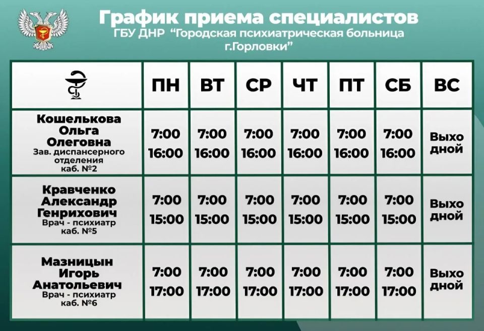 Иван Приходько: График работы специалистов ГБУ ДНР «ГДСП г.Горловки», ГБУ ДНР «Городской наркологический диспансер г. Горловки», ГБУ ДНР «ГПБ г. Горловки», ГБУ ДНР «ГПТД г.Горловки», ГБУ ДНР «ГДВД г.Горловки», ГБУ ДНР «ГСП... Иван Приходько: График работы специалистов ГБУ ДНР «ГДСП г.Горловки», ГБУ ДНР «Городской наркологический диспансер г. Горловки», ГБУ ДНР «ГПБ г. Горловки», ГБУ ДНР «ГПТД г.Горловки», ГБУ ДНР «ГДВД г.Горловки», ГБУ ДНР «ГСП...