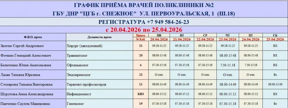 График работы врачей ГБУ ДНР «ЦГБ г. Снежное» График работы врачей ГБУ ДНР «ЦГБ г. Снежное»