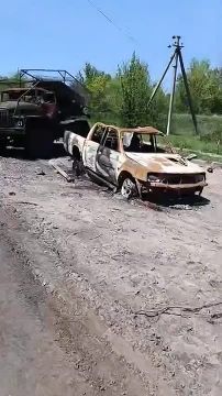 Очередной пятачок в районе Доброполья с уничтоженной техникой ВСУ, в т.ч. бронеавтомобилем "Козак" и РСЗО БМ-21