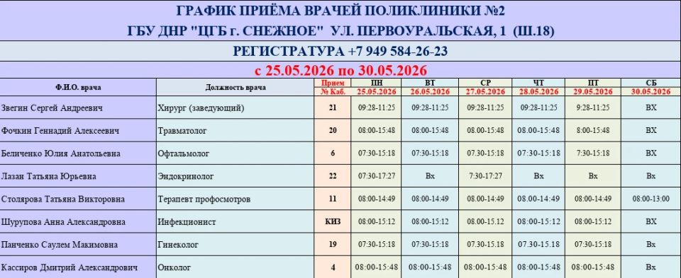 График работы врачей ГБУ ДНР «ЦГБ г. Снежное» График работы врачей ГБУ ДНР «ЦГБ г. Снежное»
