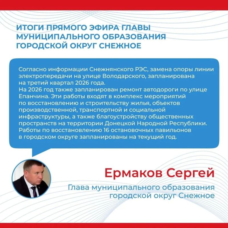 Итоги прямого эфира главы муниципального образования городской округ Снежное Сергея Ермакова Итоги прямого эфира главы муниципального образования городской округ Снежное Сергея Ермакова