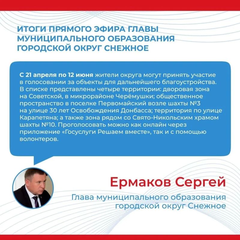 Итоги прямого эфира главы муниципального образования городской округ Снежное Сергея Ермакова Итоги прямого эфира главы муниципального образования городской округ Снежное Сергея Ермакова