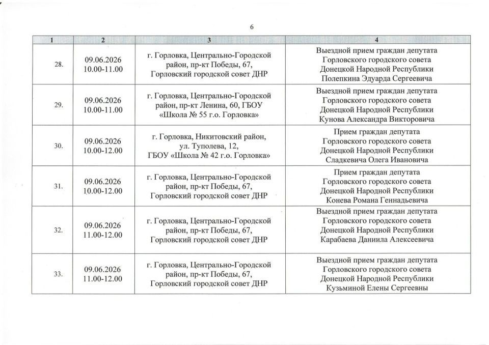 Роман Конев: График проведения приемов депутатами Горловского городского совета Донецкой Народной Республики первого созыва на период с 01.06.2026 г. по 30.06.2026 г. (часть 1) Роман Конев: График проведения приемов депутатами Горловского городского совета Донецкой Народной Республики первого созыва на период с 01.06.2026 г. по 30.06.2026 г. (часть 1)