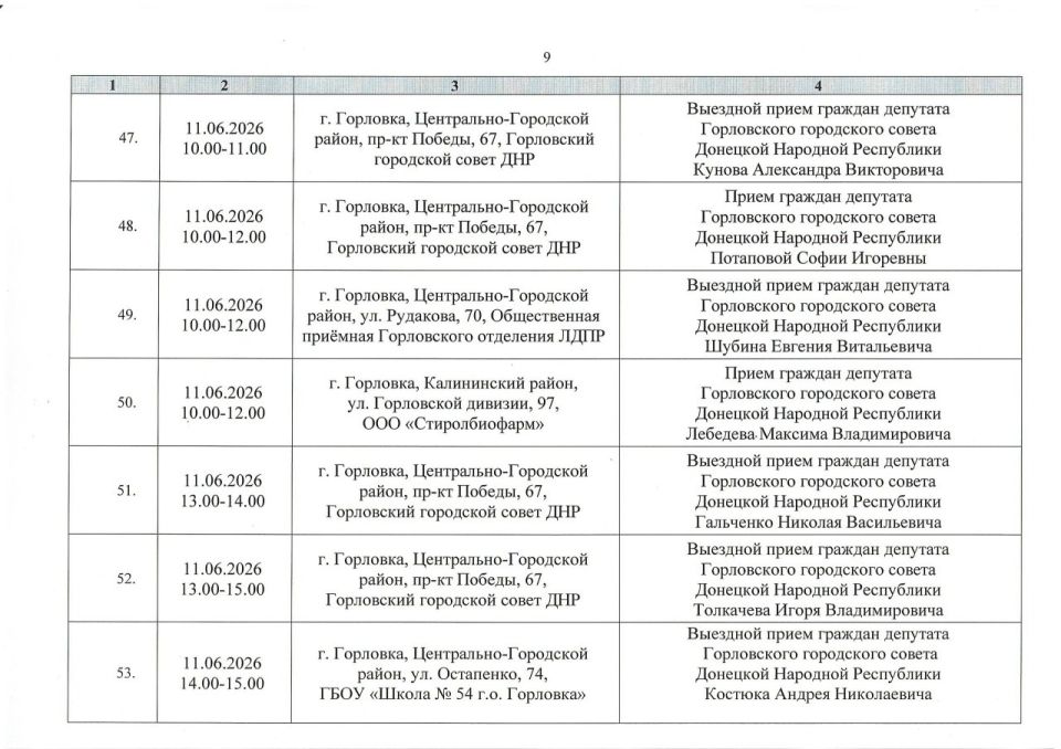 Роман Конев: График проведения приемов депутатами Горловского городского совета Донецкой Народной Республики первого созыва на период с 01.06.2026 г. по 30.06.2026 г. (часть 1) Роман Конев: График проведения приемов депутатами Горловского городского совета Донецкой Народной Республики первого созыва на период с 01.06.2026 г. по 30.06.2026 г. (часть 1)