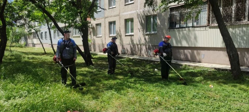 Наряду с зелеными зонами парков и скверов, улиц и проспектов также ведем активный покос травы на придомовых территориях
