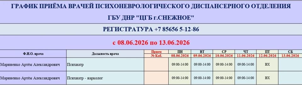График работы врачей ГБУ ДНР «ЦГБ г. Снежное»