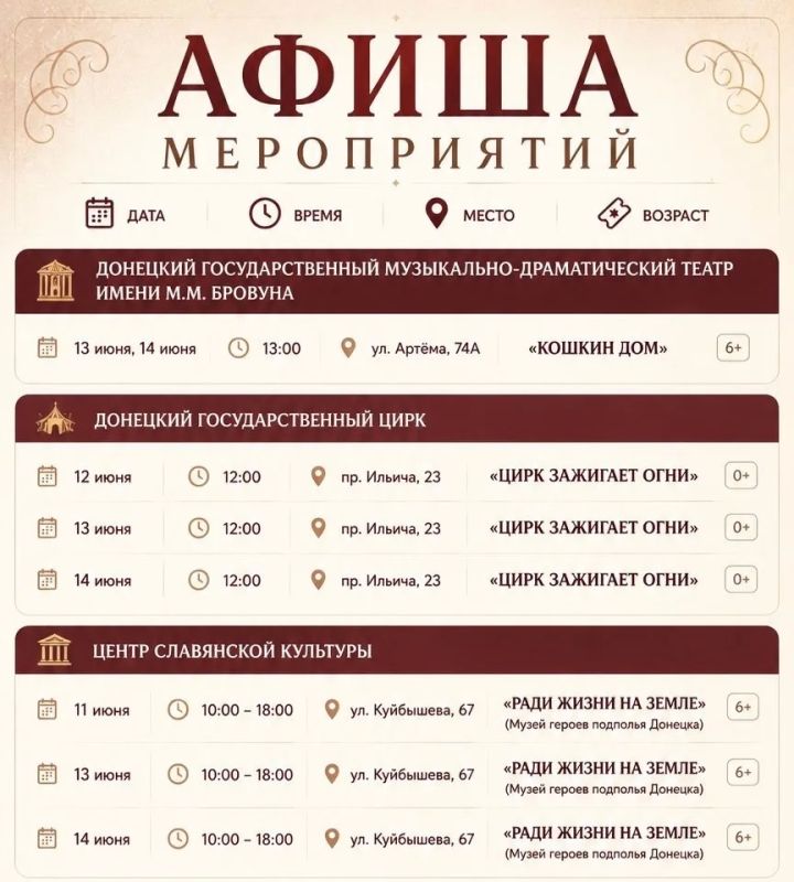 «Золушка», «Ромео и Джульетта» и «Цирк зажигает огни»: Афиша мероприятий в Донецке с 8 по 14 июня 2026 года «Золушка», «Ромео и Джульетта» и «Цирк зажигает огни»: Афиша мероприятий в Донецке с 8 по 14 июня 2026 года