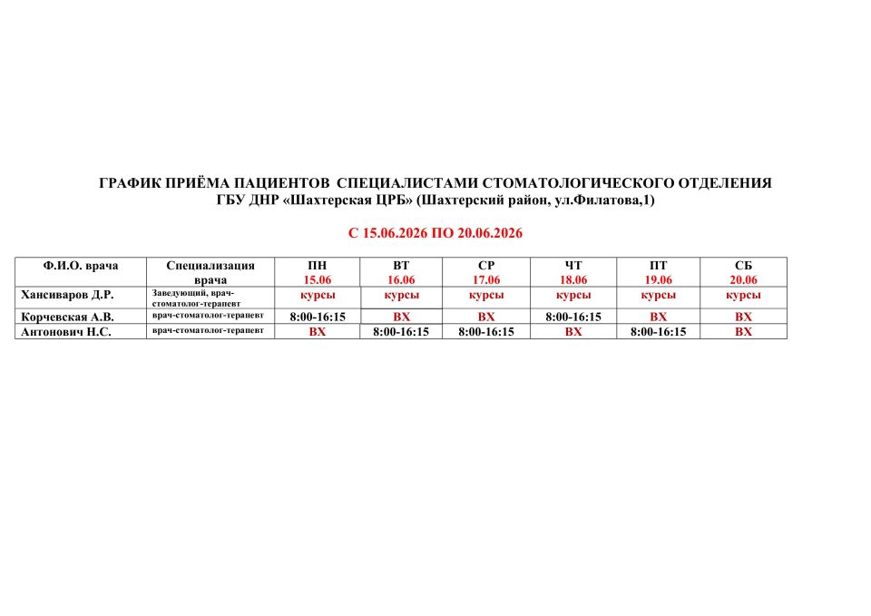 ГРАФИК ПРИЁМА ВРАЧАМИ С 15.06.2026 ПО 20.06.2026 ГРАФИК ПРИЁМА ВРАЧАМИ С 15.06.2026 ПО 20.06.2026
