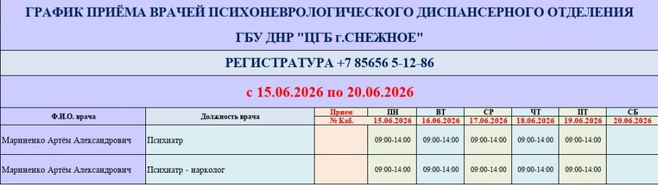 График работы врачей ГБУ ДНР «ЦГБ г. Снежное» График работы врачей ГБУ ДНР «ЦГБ г. Снежное»