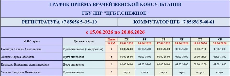 График работы врачей ГБУ ДНР «ЦГБ г. Снежное» График работы врачей ГБУ ДНР «ЦГБ г. Снежное»
