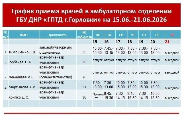 Иван Приходько: График работы специалистов ГБУ ДНР «ГДСП г.Горловки», ГБУ ДНР «Городской наркологический диспансер г. Горловки», ГБУ ДНР «ГПБ г. Горловки», ГБУ ДНР «ГПТД г.Горловки», ГБУ ДНР «ГДВД г.Горловки», ГБУ ДНР «ГСП... Иван Приходько: График работы специалистов ГБУ ДНР «ГДСП г.Горловки», ГБУ ДНР «Городской наркологический диспансер г. Горловки», ГБУ ДНР «ГПБ г. Горловки», ГБУ ДНР «ГПТД г.Горловки», ГБУ ДНР «ГДВД г.Горловки», ГБУ ДНР «ГСП...