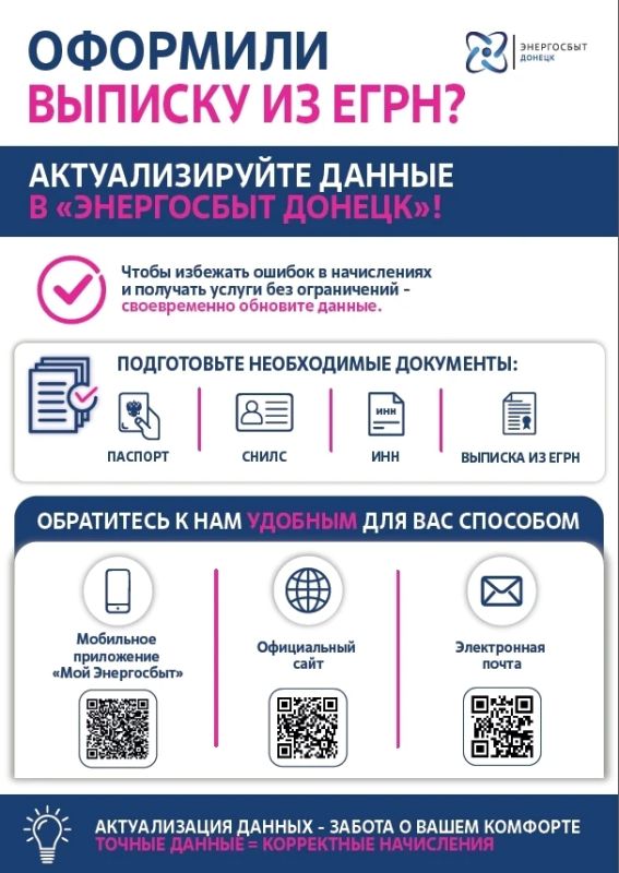 Уважаемые жители!. При переоформлении недвижимости, после получения выписки из Росреестра вам необходимо обратиться к гарантирующему поставщику ОП «Энергосбыт Донецк» для актуализации данных