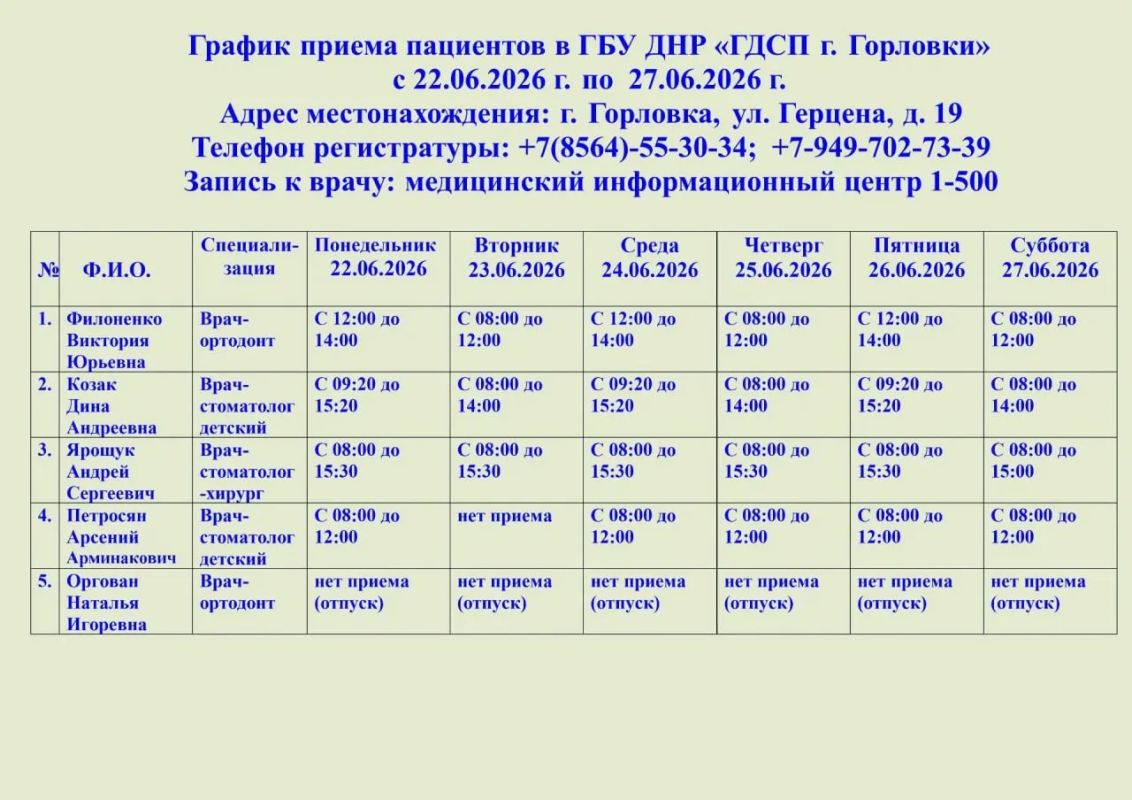 Иван Приходько: График работы специалистов ГБУ ДНР «ГДСП г.Горловки», ГБУ ДНР «Городской наркологический диспансер г. Горловки», ГБУ ДНР «ГПБ г. Горловки», ГБУ ДНР «ГПТД г.Горловки», ГБУ ДНР «ГДВД г.Горловки», ГБУ ДНР «ГСП...