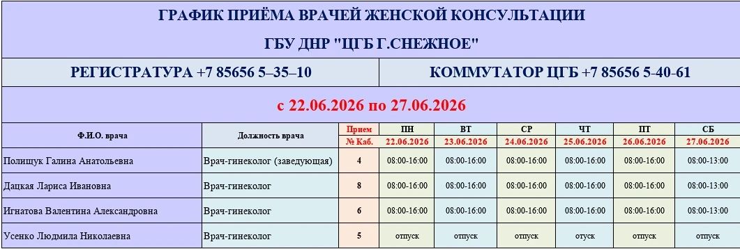 График работы врачей ГБУ ДНР «ЦГБ г. Снежное» График работы врачей ГБУ ДНР «ЦГБ г. Снежное»