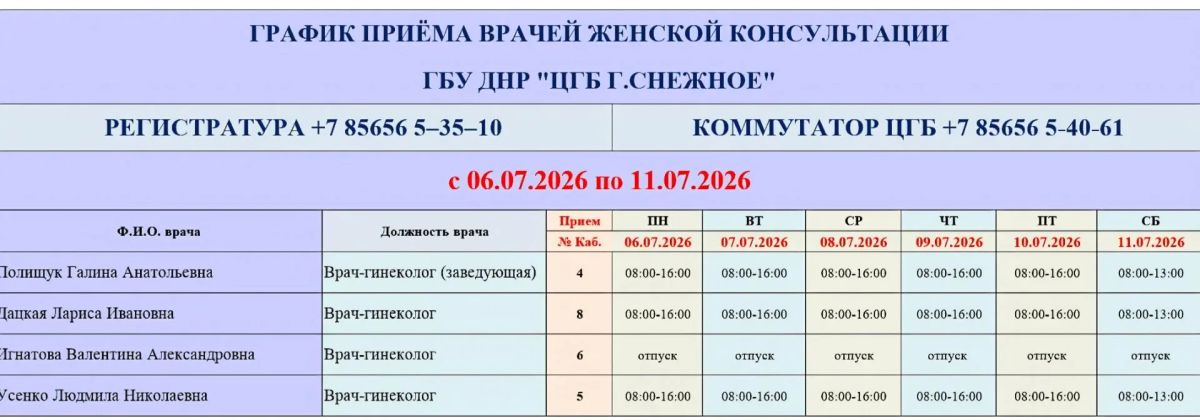 График работы врачей ГБУ ДНР «ЦГБ г. Снежное» График работы врачей ГБУ ДНР «ЦГБ г. Снежное»