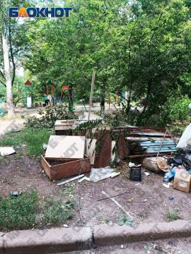 Мусорная свалка захватывает детскую площадку у дома 8 по ул. Щетинина в Пролетарском районе Донецка