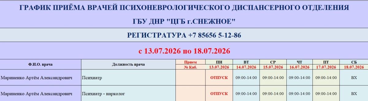 График работы врачей ГБУ ДНР «ЦГБ г. Снежное» График работы врачей ГБУ ДНР «ЦГБ г. Снежное»