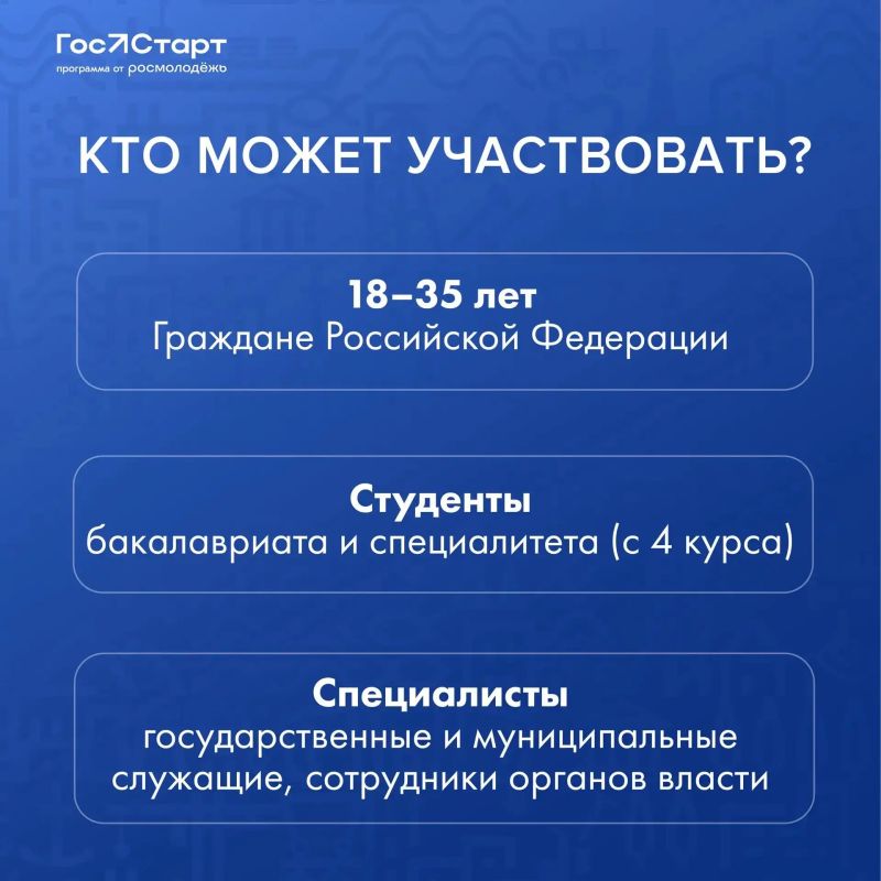 Время действовать. . Стартовала регистрация на федеральный этап «ГосСтарт.Стажировки»! Ь Что вас ждет? 2 недели работы в одном из 35 федеральных органах власти Погружение в реальные задачи госслужащего Обмен опытом с 250... Время действовать. . Стартовала регистрация на федеральный этап «ГосСтарт.Стажировки»! Ь Что вас ждет? 2 недели работы в одном из 35 федеральных органах власти Погружение в реальные задачи госслужащего Обмен опытом с 250...