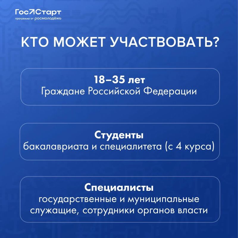 Время действовать. . Стартовала регистрация на федеральный этап ГосСтарт.Стажировки Что вас ждет? 2 недели работы в одном из 35 федеральных органах власти Погружение в реальные задачи госслужащего Обмен опытом с 250... Время действовать. . Стартовала регистрация на федеральный этап ГосСтарт.Стажировки Что вас ждет? 2 недели работы в одном из 35 федеральных органах власти Погружение в реальные задачи госслужащего Обмен опытом с 250...