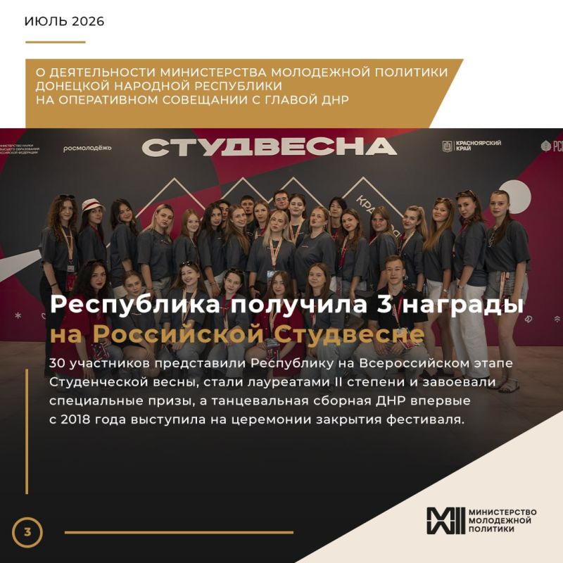 Министр молодежной политики Денис Шимановский подвел итоги июня-июля на оперативном совещании Главы ДНР Дениса Пушилина Министр молодежной политики Денис Шимановский подвел итоги июня-июля на оперативном совещании Главы ДНР Дениса Пушилина
