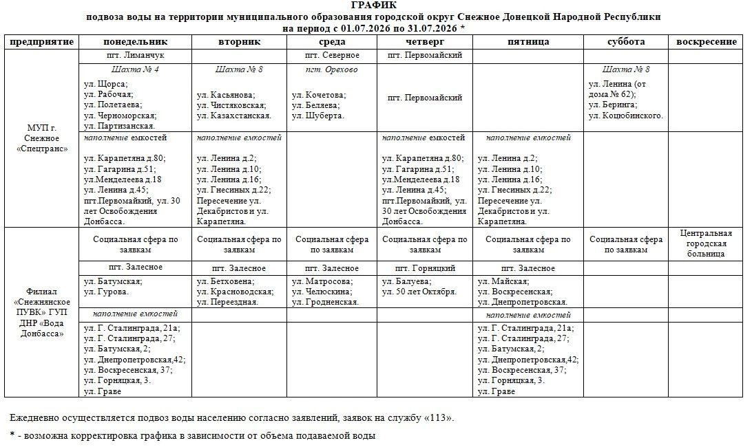 Напоминаем график подвоза воды на территории муниципального образования городской округ Снежное на период с 01.07.2026 по 31.07.2026