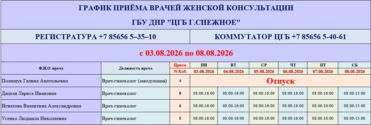 График работы врачей ГБУ ДНР «ЦГБ г. Снежное» График работы врачей ГБУ ДНР «ЦГБ г. Снежное»