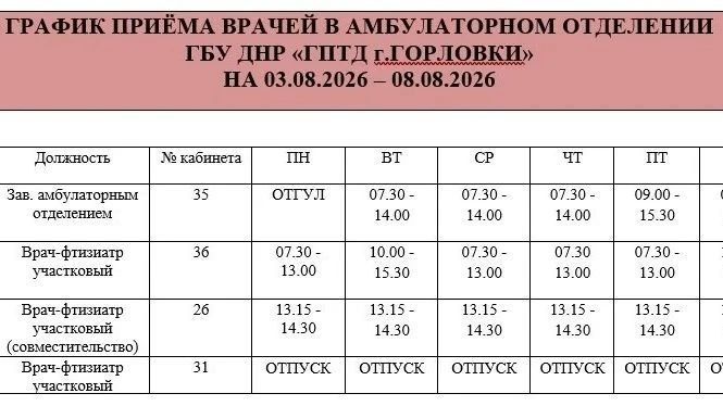 Иван Приходько: График работы специалистов ГБУ ДНР «ГДСП г.Горловки», ГБУ ДНР «Городской наркологический диспансер г. Горловки», ГБУ ДНР «ГПБ г. Горловки», ГБУ ДНР «ГПТД г.Горловки», ГБУ ДНР «ГДВД г.Горловки», ГБУ ДНР «ГСП... Иван Приходько: График работы специалистов ГБУ ДНР «ГДСП г.Горловки», ГБУ ДНР «Городской наркологический диспансер г. Горловки», ГБУ ДНР «ГПБ г. Горловки», ГБУ ДНР «ГПТД г.Горловки», ГБУ ДНР «ГДВД г.Горловки», ГБУ ДНР «ГСП...