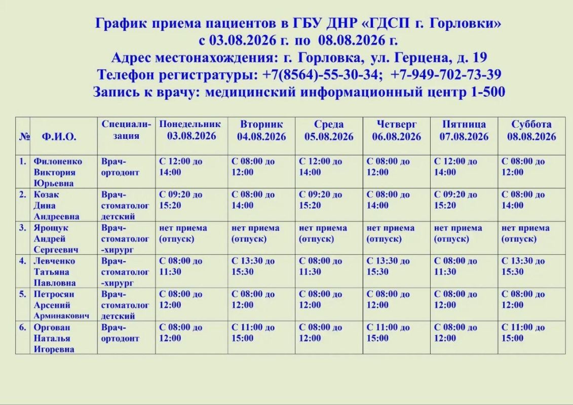 Иван Приходько: График работы специалистов ГБУ ДНР «ГДСП г.Горловки», ГБУ ДНР «Городской наркологический диспансер г. Горловки», ГБУ ДНР «ГПБ г. Горловки», ГБУ ДНР «ГПТД г.Горловки», ГБУ ДНР «ГДВД г.Горловки», ГБУ ДНР «ГСП... Иван Приходько: График работы специалистов ГБУ ДНР «ГДСП г.Горловки», ГБУ ДНР «Городской наркологический диспансер г. Горловки», ГБУ ДНР «ГПБ г. Горловки», ГБУ ДНР «ГПТД г.Горловки», ГБУ ДНР «ГДВД г.Горловки», ГБУ ДНР «ГСП...