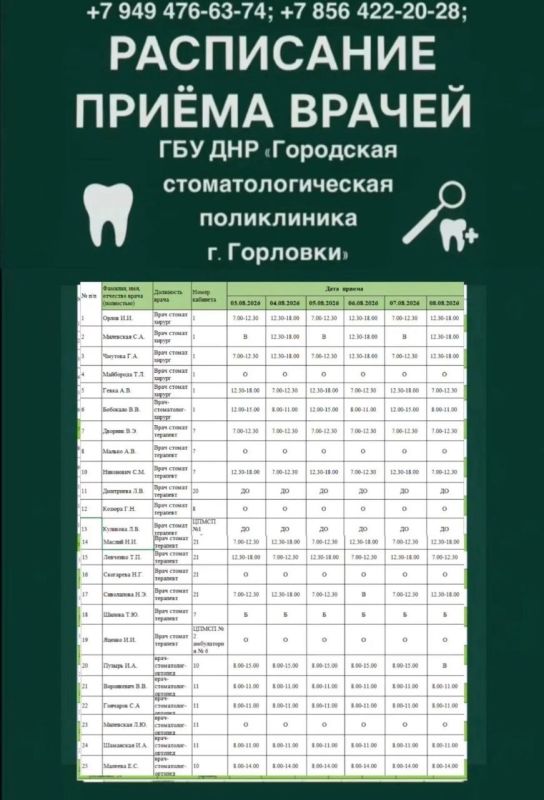 Иван Приходько: График работы специалистов ГБУ ДНР «ГДСП г.Горловки», ГБУ ДНР «Городской наркологический диспансер г. Горловки», ГБУ ДНР «ГПБ г. Горловки», ГБУ ДНР «ГПТД г.Горловки», ГБУ ДНР «ГДВД г.Горловки», ГБУ ДНР «ГСП... Иван Приходько: График работы специалистов ГБУ ДНР «ГДСП г.Горловки», ГБУ ДНР «Городской наркологический диспансер г. Горловки», ГБУ ДНР «ГПБ г. Горловки», ГБУ ДНР «ГПТД г.Горловки», ГБУ ДНР «ГДВД г.Горловки», ГБУ ДНР «ГСП...
