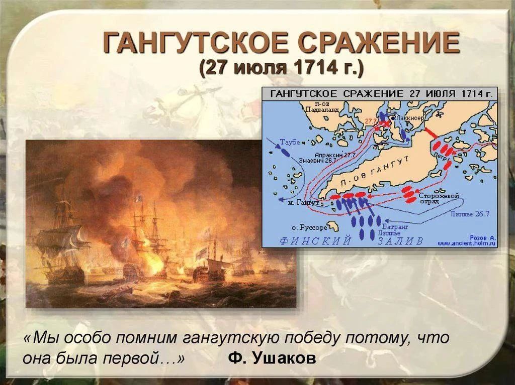 Гангутское сражение – первая выдающаяся победа русских военно-морских сил в Северной войне между Россией и Швецией Гангутское сражение – первая выдающаяся победа русских военно-морских сил в Северной войне между Россией и Швецией