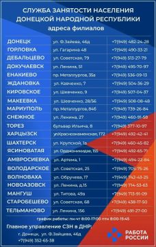 Адреса и контакты филиалов Службы занятости населения ДНР